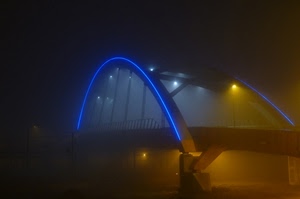 ponte, blu, nebbia, luci, arco, notturno, notte, arcate, legno