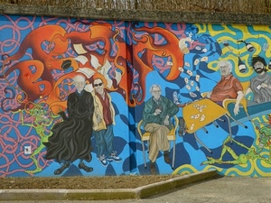 murales, colori, muro, persone, carte, tavolo, uomini, disegno, bottiglie, marciapiede