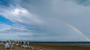 mare, spiaggia, ombrelloni, arcobaleno, nuvole, cielo, lettini, sabbia