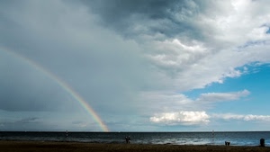 mare, arcobaleno, nuvole, cielo, spiaggia, acqua