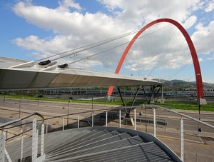 nuvole, arco, gradini, scale, ponte, cielo, strada, tiranti, rosso, curve, ringhiere, scala, cavi, architettura, arancione, linee