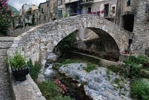 ponte, fiume, pietra, arco, case, fiori, acqua, pietre, torrente, rocce, verde, piante