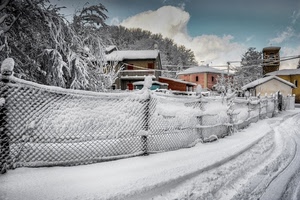 neve, nuvole, case, strada, rete, alberi, bianco, inverno, cielo