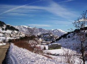 neve, strada, montagna, inverno, montagne, case, paese, alberi, bianco, panorama