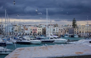 barche, porto, nuvole, gabbiani, uccelli, mare, maltempo, cielo, case