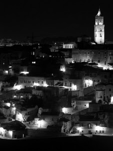 luci, campanile, case, bianconero, notte, notturno, borgo, tetti, città