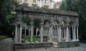 colonne, archi, pozzo, tempio, chiostro, alberi, persone, capitelli