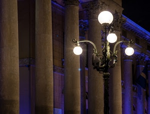 colonne, lampione, luci, luce, palle, bianco, blu, lampadario, notturno