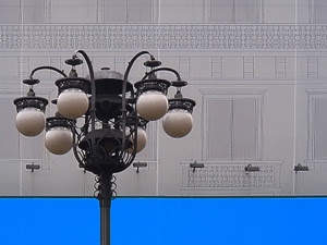 lampione, azzurro, sfere, ferro, lampade, sei, parete, liberty, finestre, palle, luci