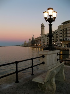 mare, panchina, lampione, lampioni, ringhiera, acqua, tramonto, cielo, luci, riflessi