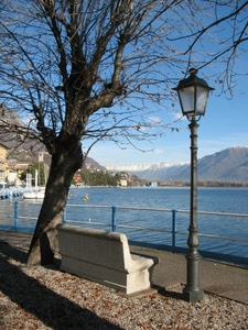 lago, albero, panchina, lampione, montagne, rami, ringhiera