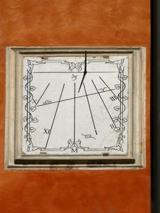 meridiana, numeri, muro, gnomone, ombra, arancione, orologio, asta, ore, linee