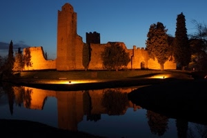 riflesso, castello, torre, alberi, notturno, acqua, luci, notte, fiume