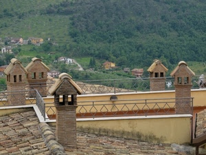 comignoli, tetto, verde, tegole, alberi, tetti, case, bosco, panorama, camini