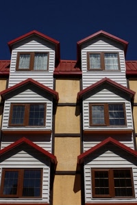 finestre, sei, tetto, vetri, tende, palazzo, abbaini, tetti, rosso