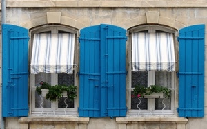 finestre, persiane, tende, fiori, vasi, due, azzurro, blu, piante