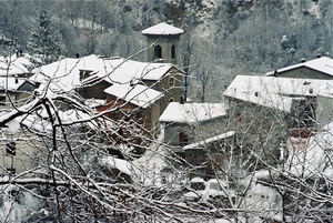 neve, campanile, inverno, rami, tetti, case, bianco, borgo, alberi