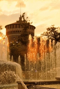 torre, zampilli, acqua, fontana, alberi, lampione, spruzzi, castello