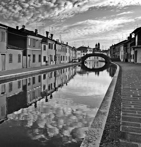 canale, ponte, riflesso, nuvole, bianconero, case