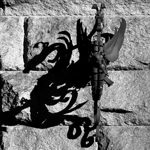 ombra, ferro, muro, bianconero, pietre, drago, ali, battuto