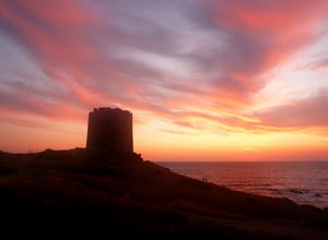 torre, tramonto, mare, rosso, cielo, nuvole, costa, acqua, rosa, controluce, arancione, giallo, alba