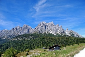baita, montagna, alberi, cielo, panorama, montagne, bosco, prato, verde, abeti