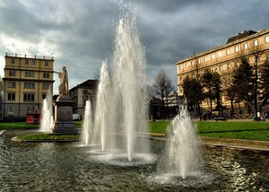 acqua, fontana, statua, palazzi, spruzzi, parco, monumento, fontane, zampilli, giardino, case, alberi