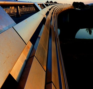 ponte, acqua, riflesso, fiume, prospettiva, curve, curva, oro, metallo, riflessi, tramonto