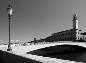 ponte, lampione, torre, bianconero, fiume, campanile, orologio, palazzi, chiesa