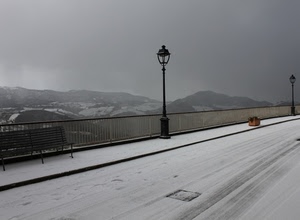 neve, strada, lampione, inverno, panchina, lampioni, montagne, panorama, ringhiera, bianco