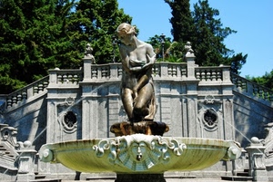 fontana, statua, alberi, acqua, donna, verde, zampilli