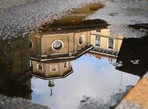 pozzanghera, riflesso, chiesa, croce, acqua, finestre