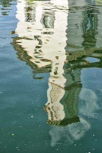 acqua, chiesa, riflesso, campanile, finestre, nuvole