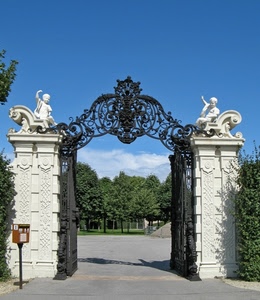 cancello, alberi, colonne, statue, cielo, ferro, ingresso