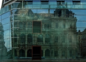 palazzo, riflesso, finestre, archi, vetri, vetro, specchio, cielo, riflessi, orologio