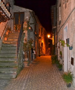 vicolo, scale, scala, gradini, lampione, case, notte, strada, borgo, luci, vasi, piante, notturno