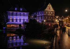 riflesso, luci, case, acqua, viola, notturno, notte, finestre, luminarie