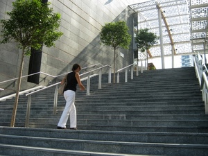 alberi, donna, scala, gradini, ringhiera, bianco, pantaloni, scale, verde, salire, passante, scalinata, piante