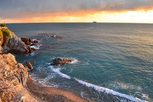 mare, scogli, onde, tramonto, rocce, orizzonte, nave, acqua, spiaggia