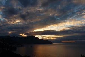 mare, nuvole, tramonto, cielo, montagne, montagna, costa, luce