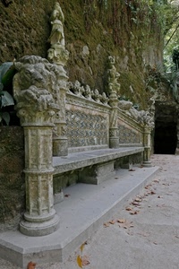 panchina, foglie, colonne, statue, muro, leone, muschio, panchine, pietra, sculture