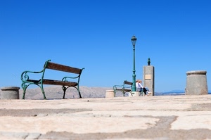 lampione, panchina, cielo, azzurro, panchine, ferro, persone, selciato, faro