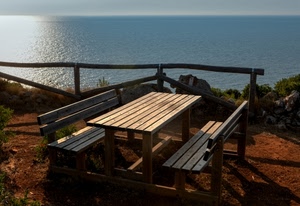 mare, tavolo, panchine, legno, staccionata, panche, panorama, controluce