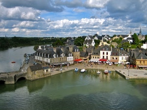 barche, case, fiume, nuvole, panorama, porto, ponte, acqua, mare, paese, cielo