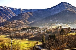 campanile, alberi, montagna, strada, panorama, montagne, borgo, paese, paesaggio, neve