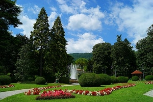 alberi, aiuole, fontana, fiori, aiuola, nuvole, prato, giardino, verde, cielo