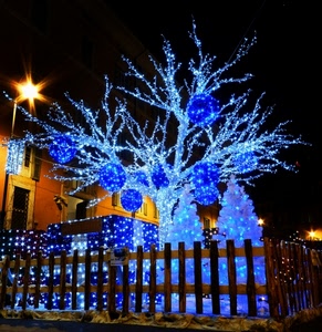 albero, luci, natale, blu, staccionata, azzurro, steccato