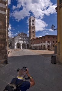 fotografo, piazza, chiesa, nuvole, campanile, lampione, duomo, torre