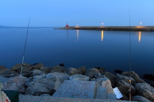 mare, scogli, canne, pesca, molo, canna, faro, acqua, lampioni, pescare, riflessi, riflesso