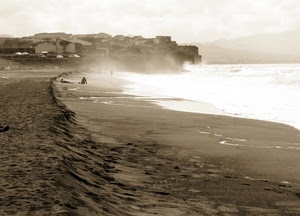 mare, spiaggia, sabbia, onde, acqua, seppia, case, cielo